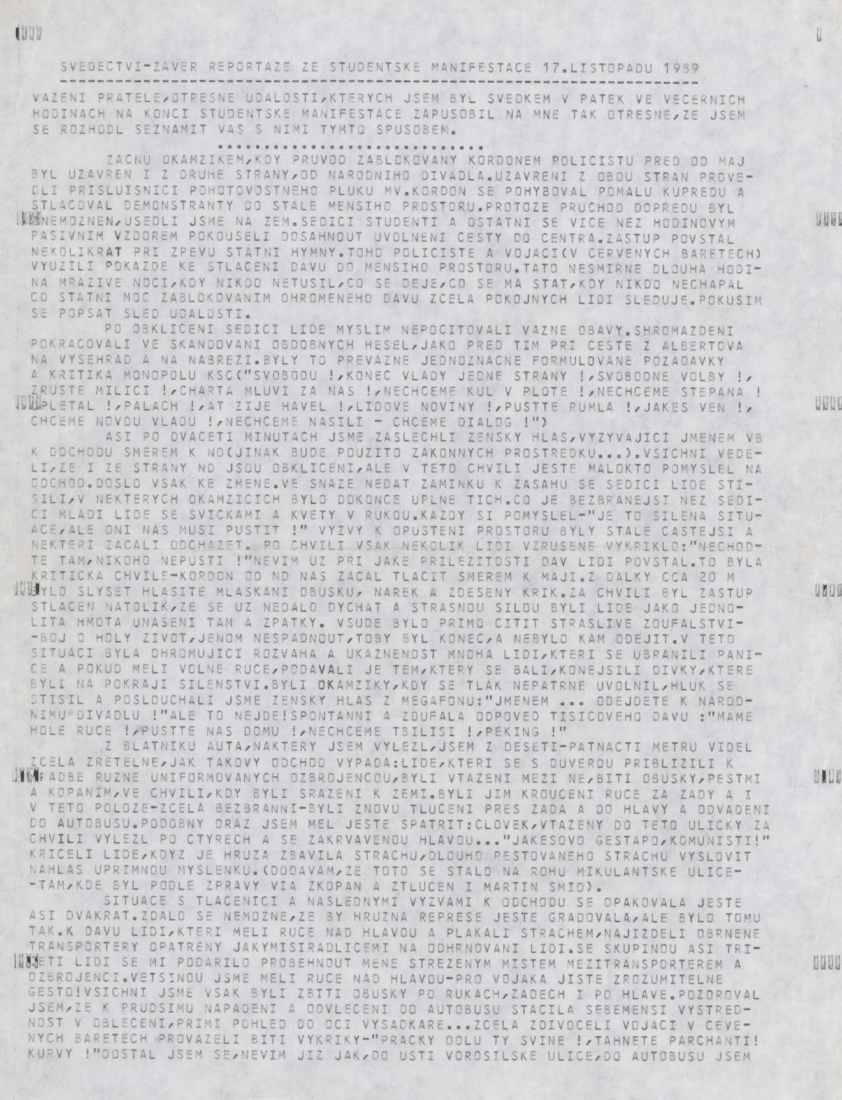 Svedectvi-zaver reportaze ze studentske manifestace 17.listopadu 1989 (1.strana). Archív Heleny Kociskej
